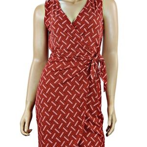 BANANA REPUBLIC SLEEVELESS FAUX WRAP DRESS SZ XS RED BLACK WHITE ABSTRACT PRINT